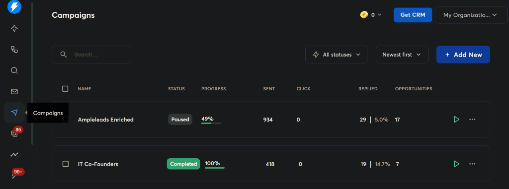 Instantly.ai Email Campaign Results showing 5-15% reply rates